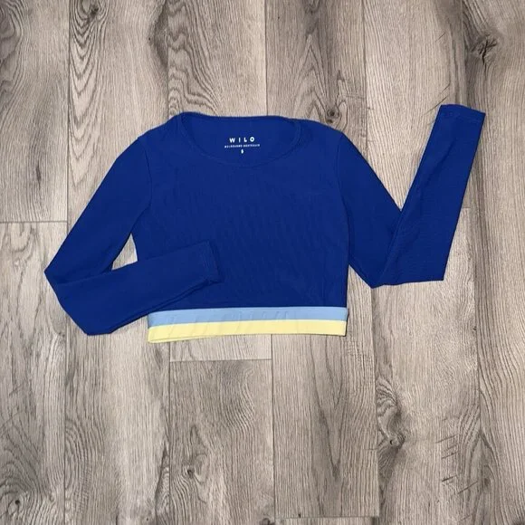 Wilo the Label Ribbed Crop Top in Blue/Yellow Australia Brand Athleisure - Picture 1 of 5